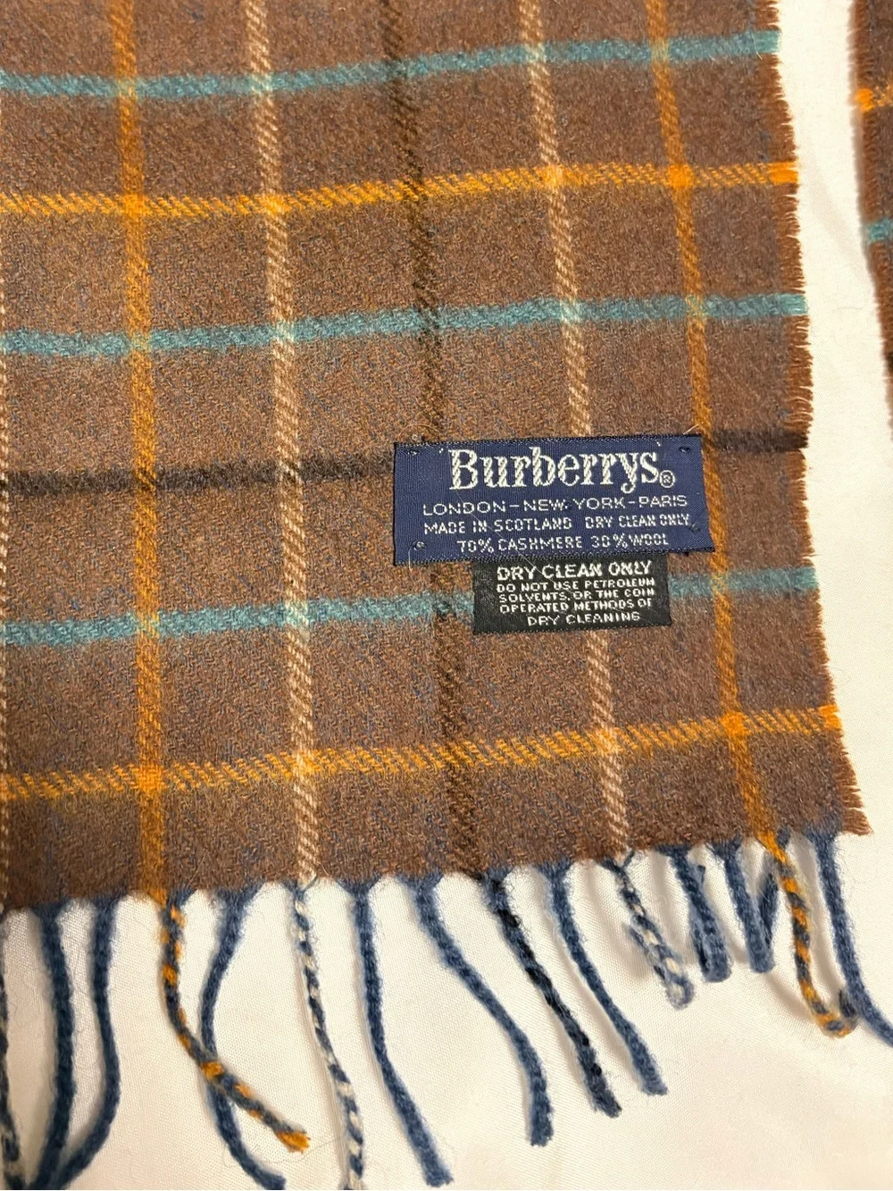 Vintage Burberry Scarf Cashmere Plaid blue and browns Burberrys